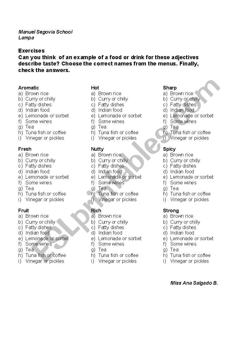 taste and food worksheet