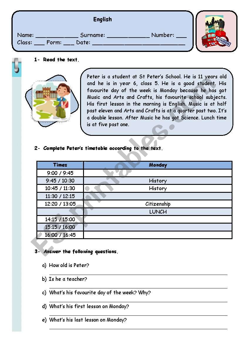 PETERS TIMETABLE worksheet