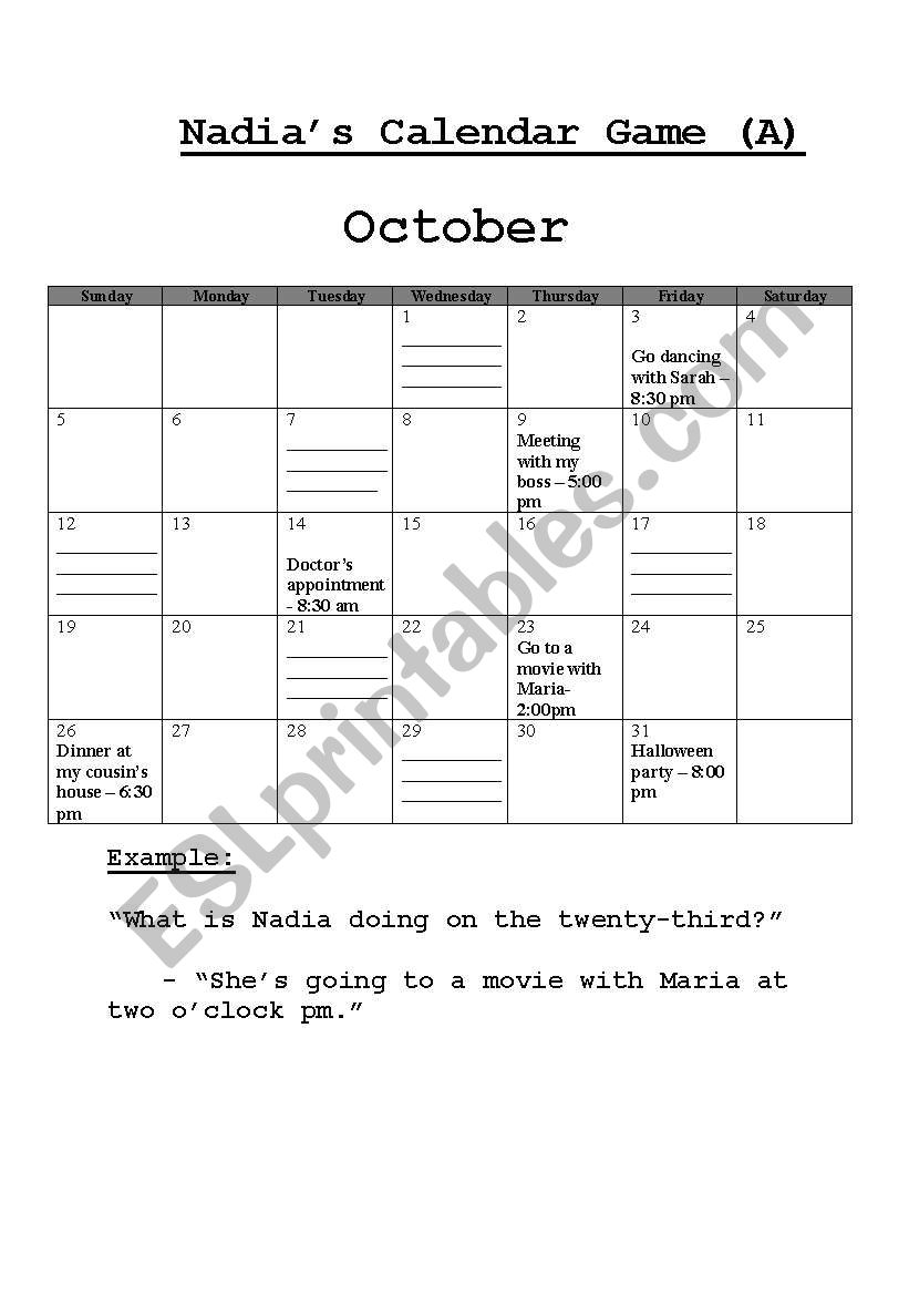 Calendar information gap game worksheet