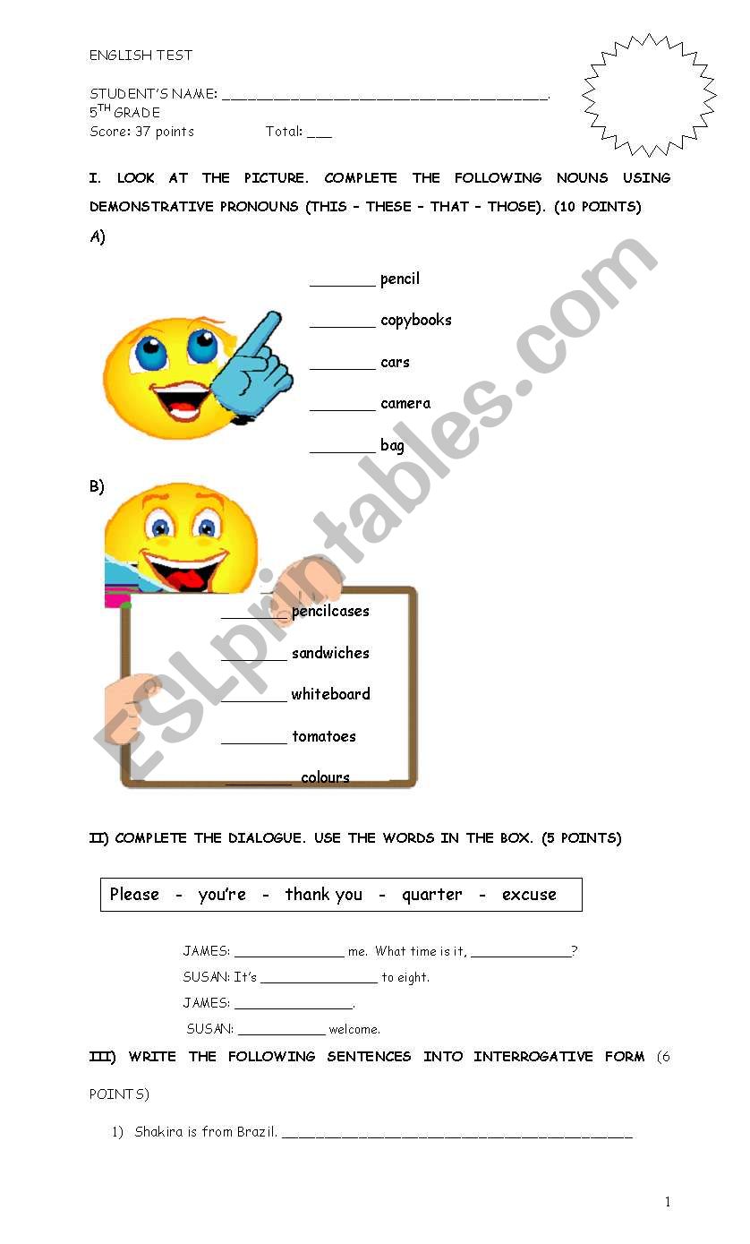 test for begginers, verb to be, demonstratives, time.