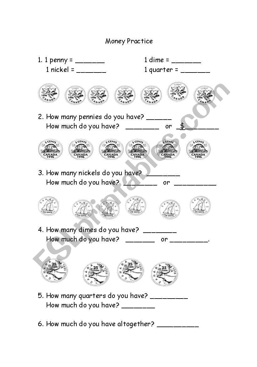 Canadian coins (under $1) worksheet