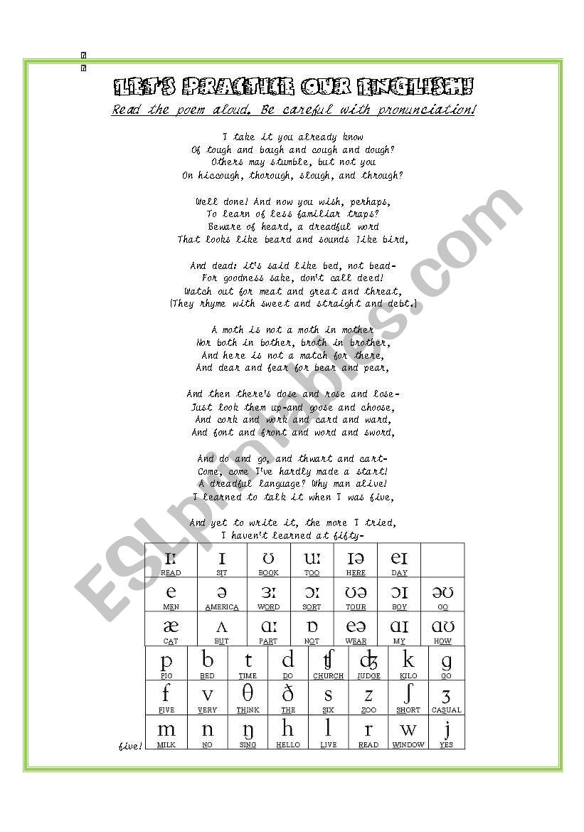 English Pronunciation Poem worksheet