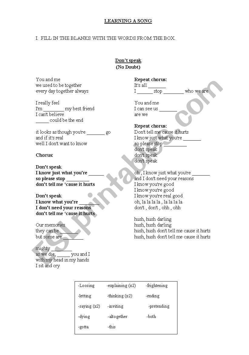 Learning a song worksheet