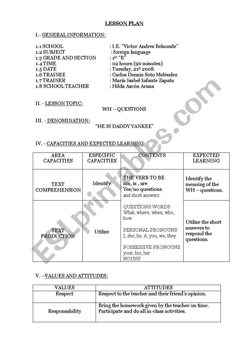 Lesson plans - Wh-Questions worksheet