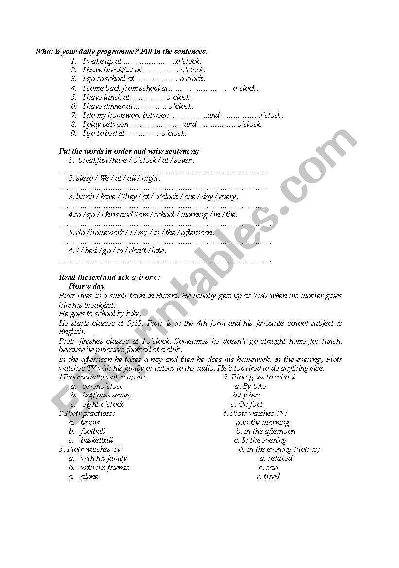 daily programe worksheet