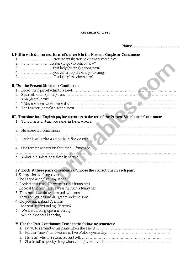 grammar test worksheet