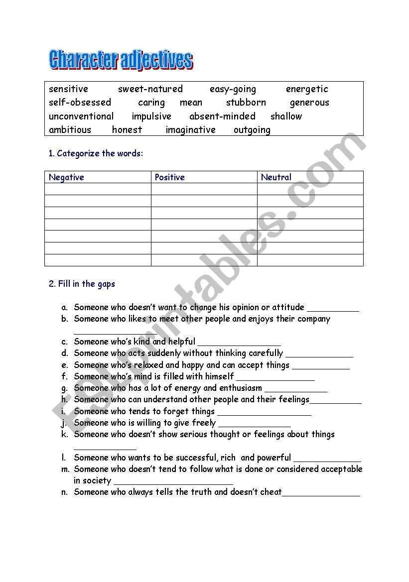 Character adjectives worksheet