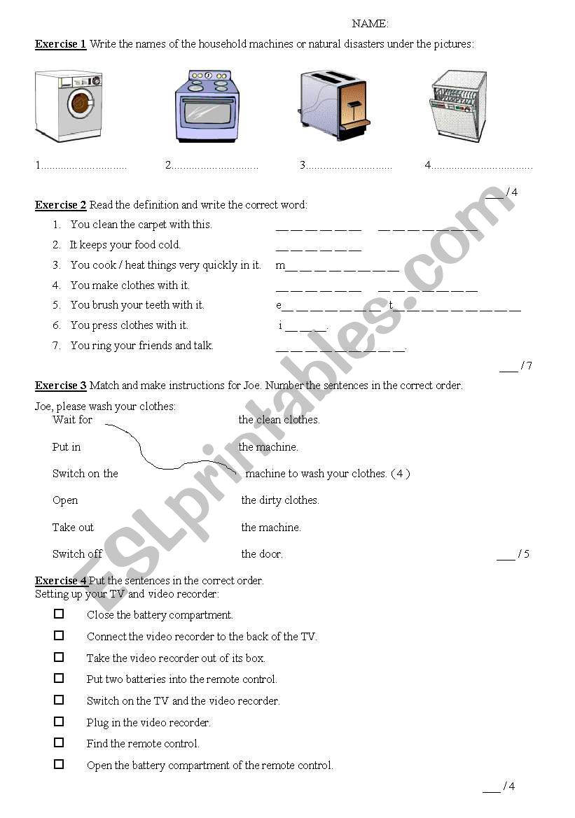 Household appliences test worksheet