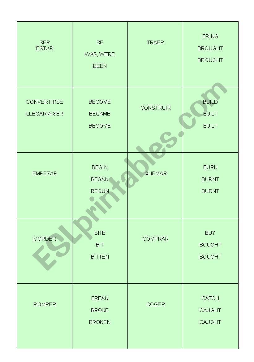 Irregular verb card game worksheet