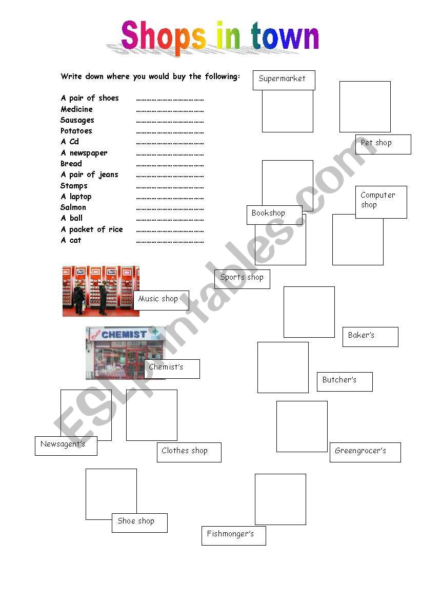 Shops in town worksheet
