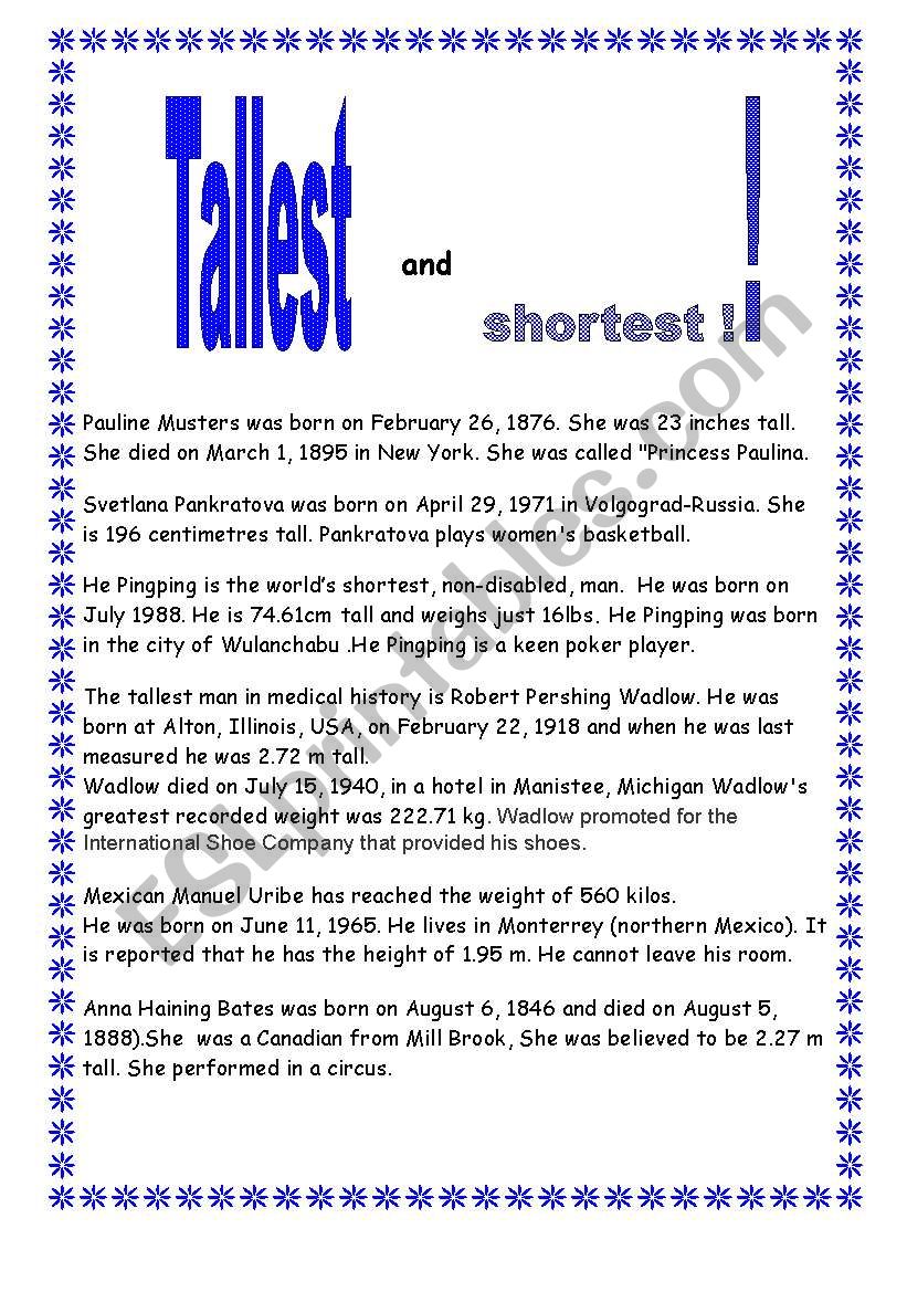 tallest-shortest worksheet