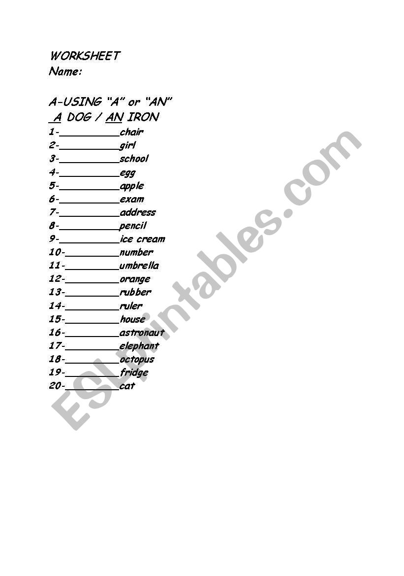 indefinite article worksheet