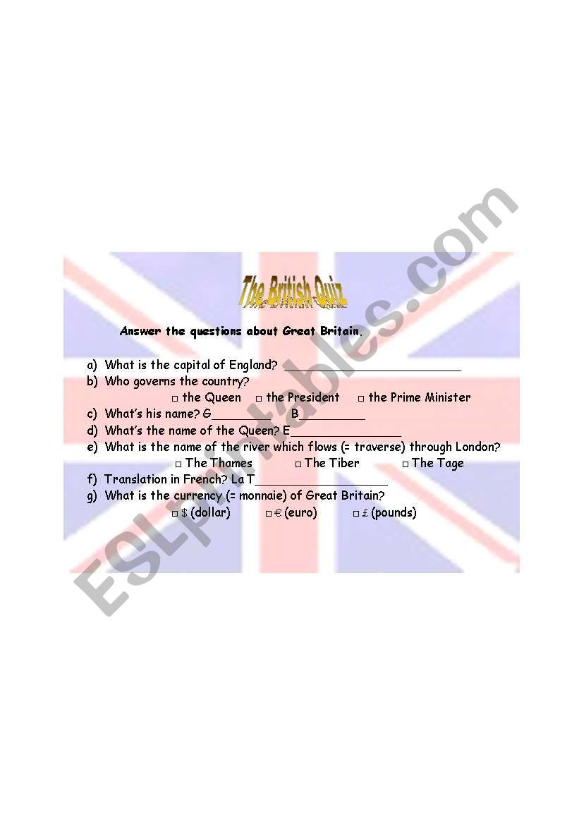 british quiz worksheet