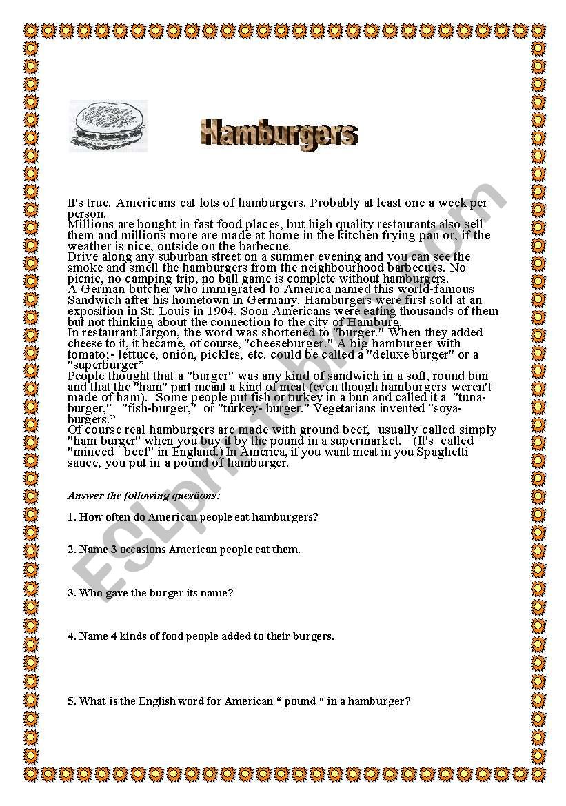 The history of the hamburger worksheet