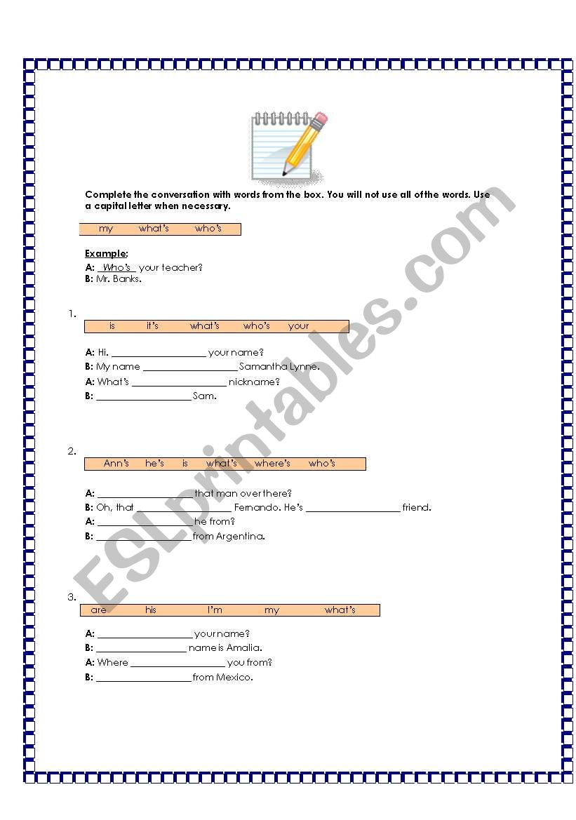 Using what who and where worksheet