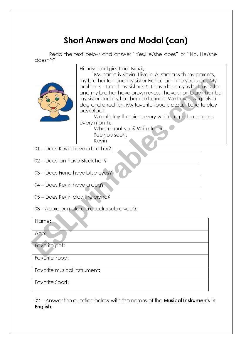short answers, modal (can) worksheet