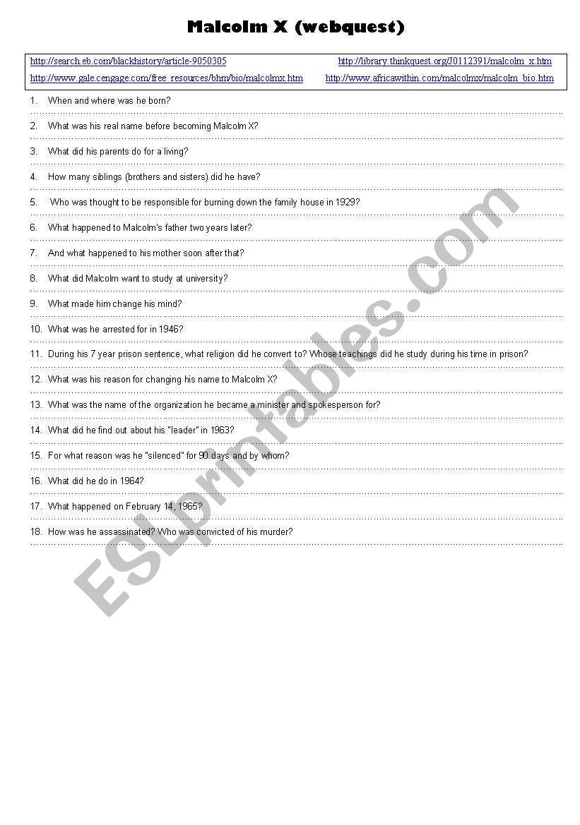 Malcolm X (webquest) worksheet