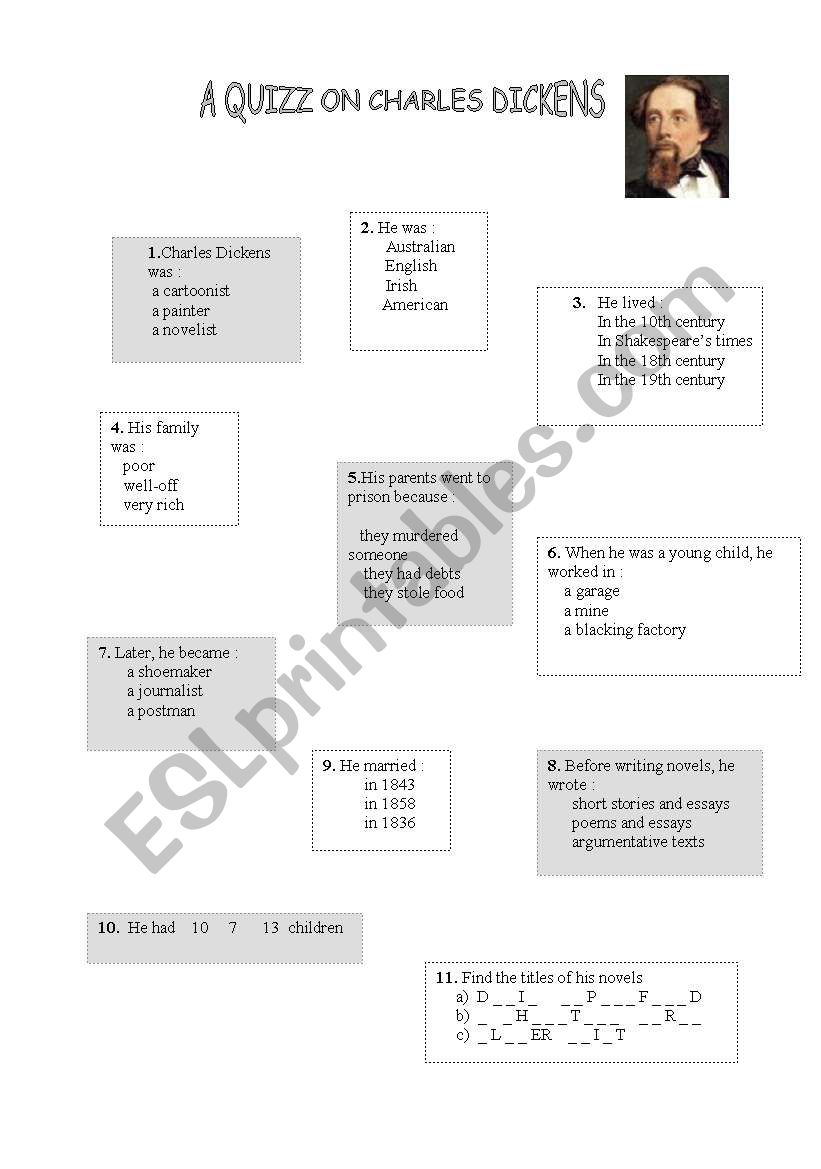 A QUIZZ ON CHARLES DICKENS worksheet
