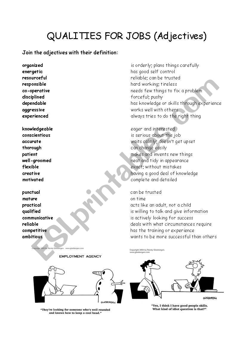 Qualities for jobs worksheet