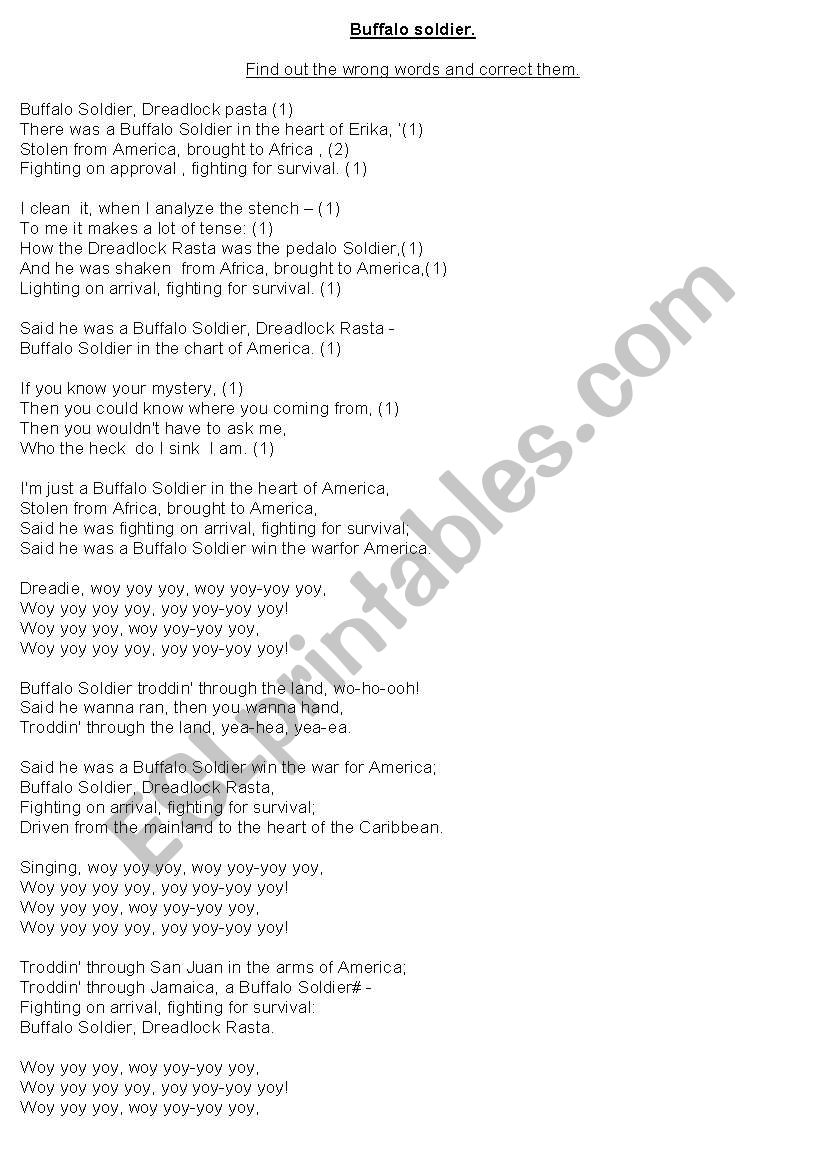 Buffalo soldier  Bob Marley worksheet