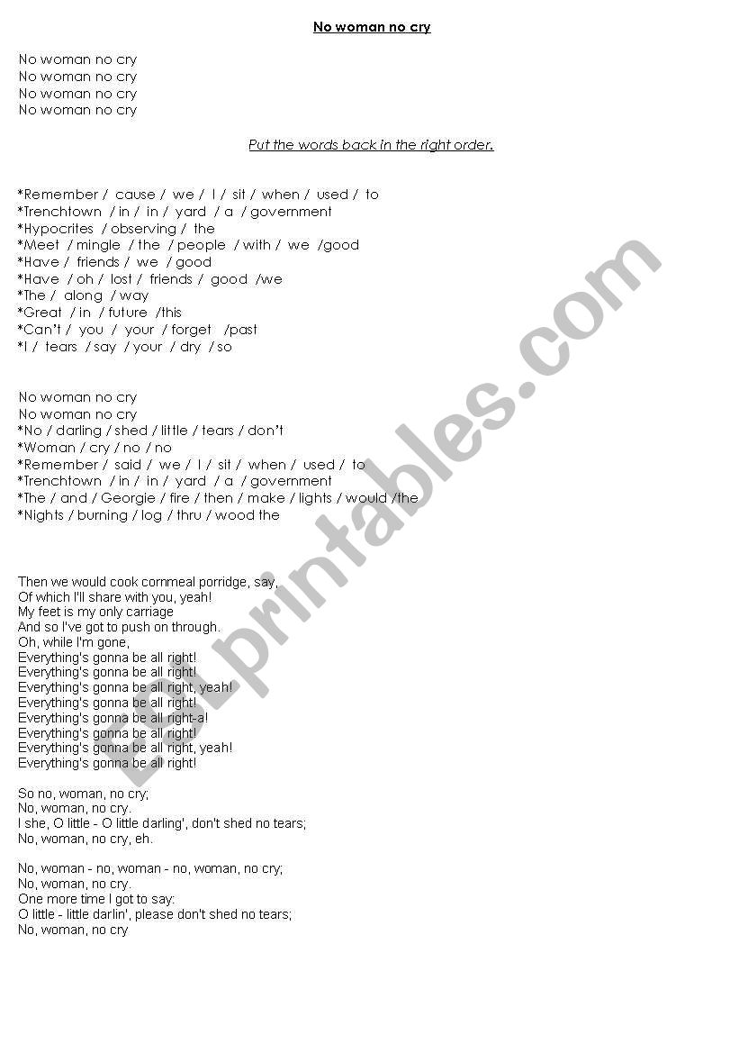 No woman no cry, Bob Marley worksheet