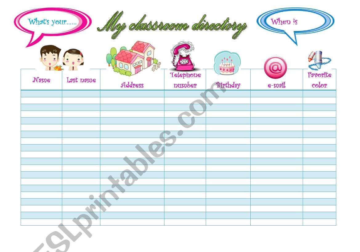 My classroom directory worksheet