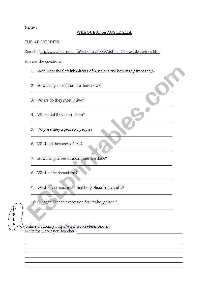 webquest about aborigines worksheet