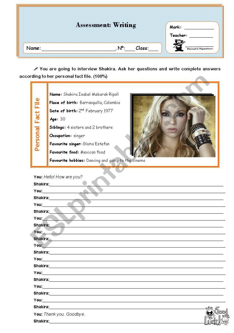 Personal Fact file worksheet