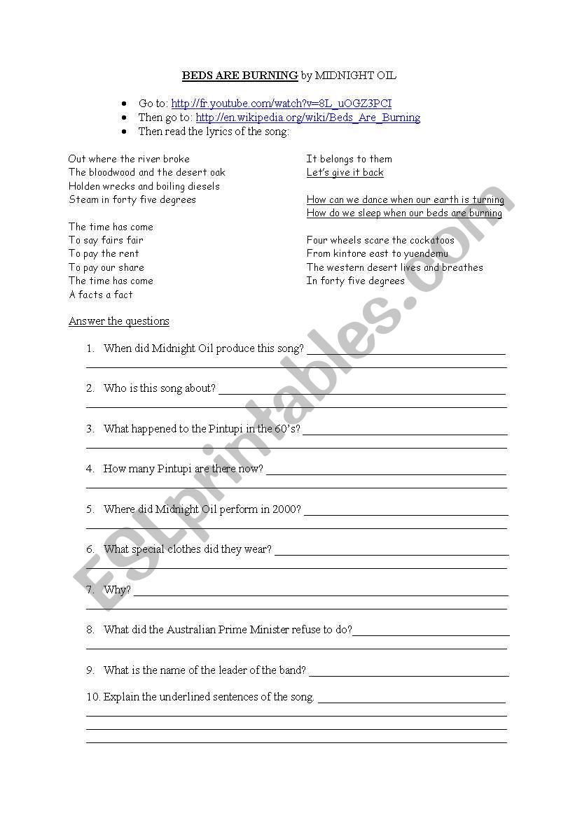 beds are burning worksheet