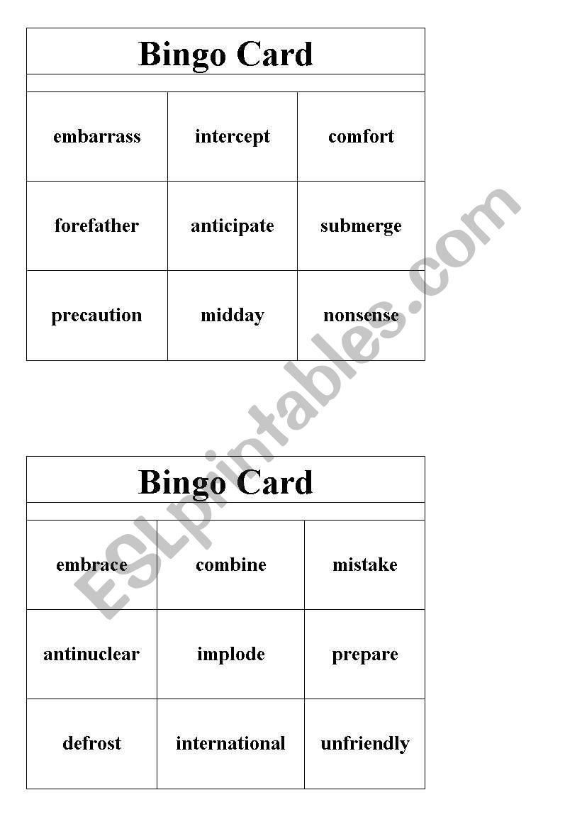 BINGO - 20 commonly used prefix, suffix and root words