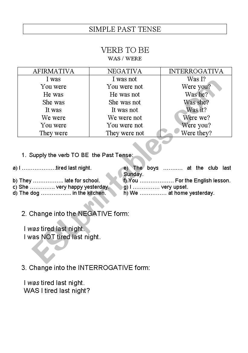 SIMPLE PAST OF VERB TO BE worksheet