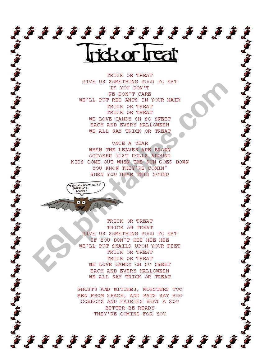 Trick or treats song worksheet