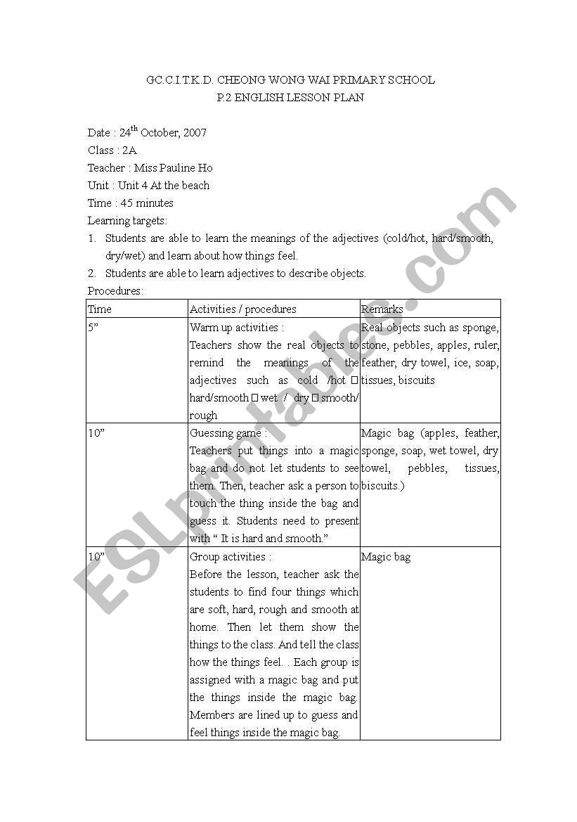 English worksheets: lesson plan at the beach