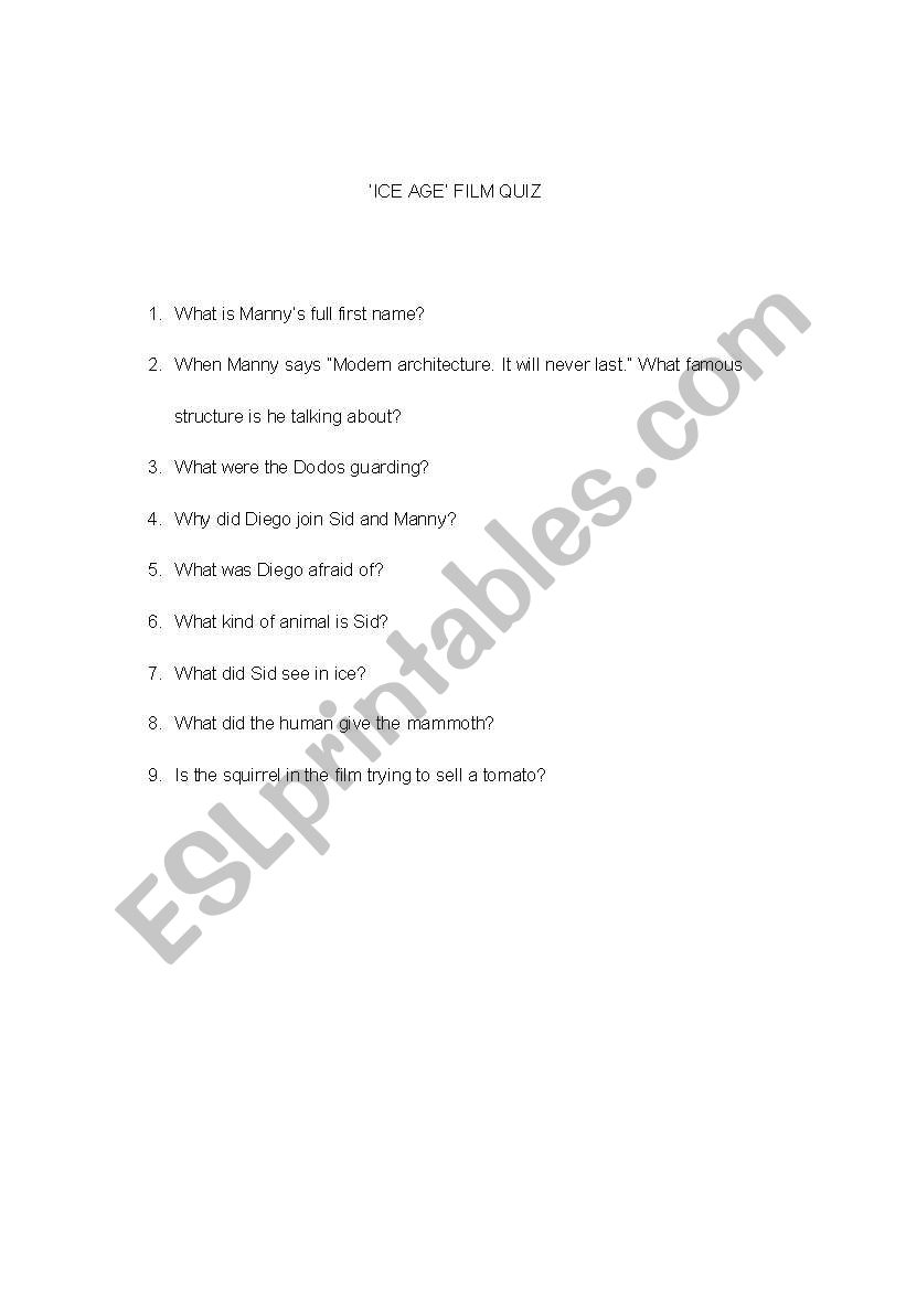 ICE AGE FILM QUIZ worksheet