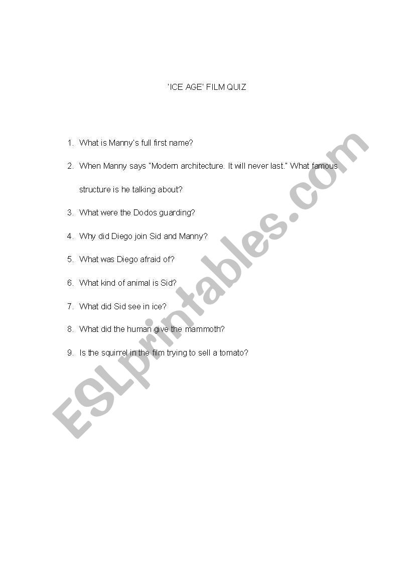 ICE AGE FILM QUIZ worksheet