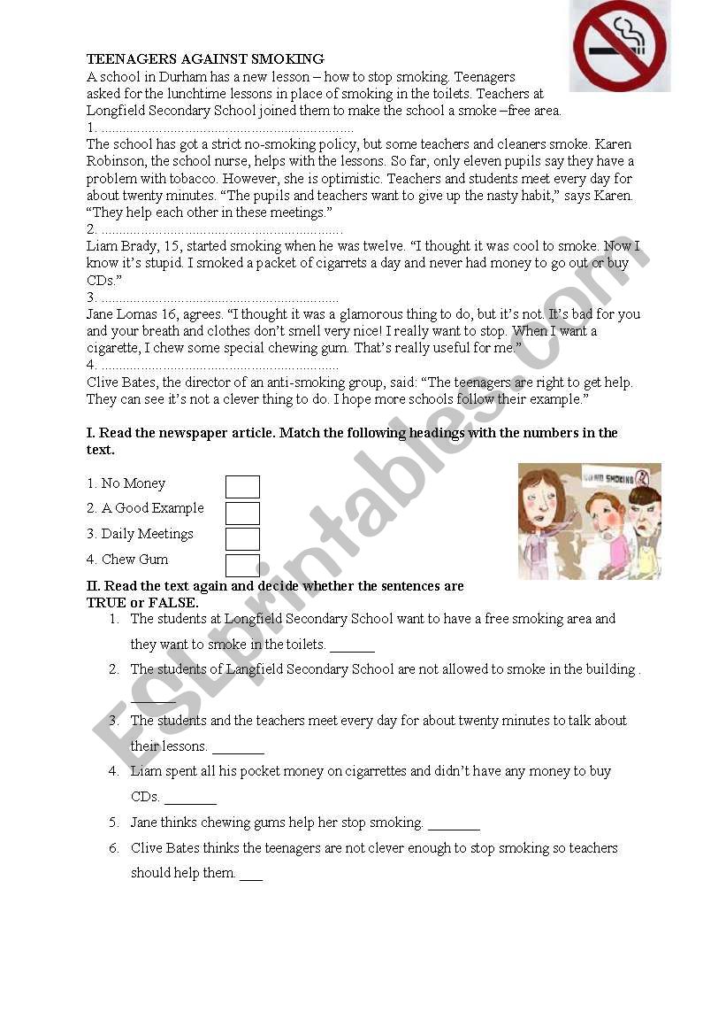 teenagers agaist smoking worksheet