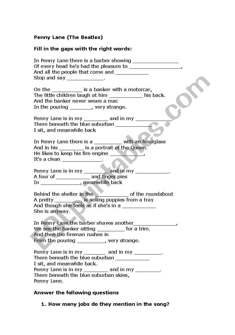 Penny Lane worksheet