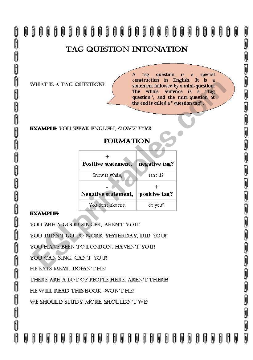 Tag Question Intonation worksheet