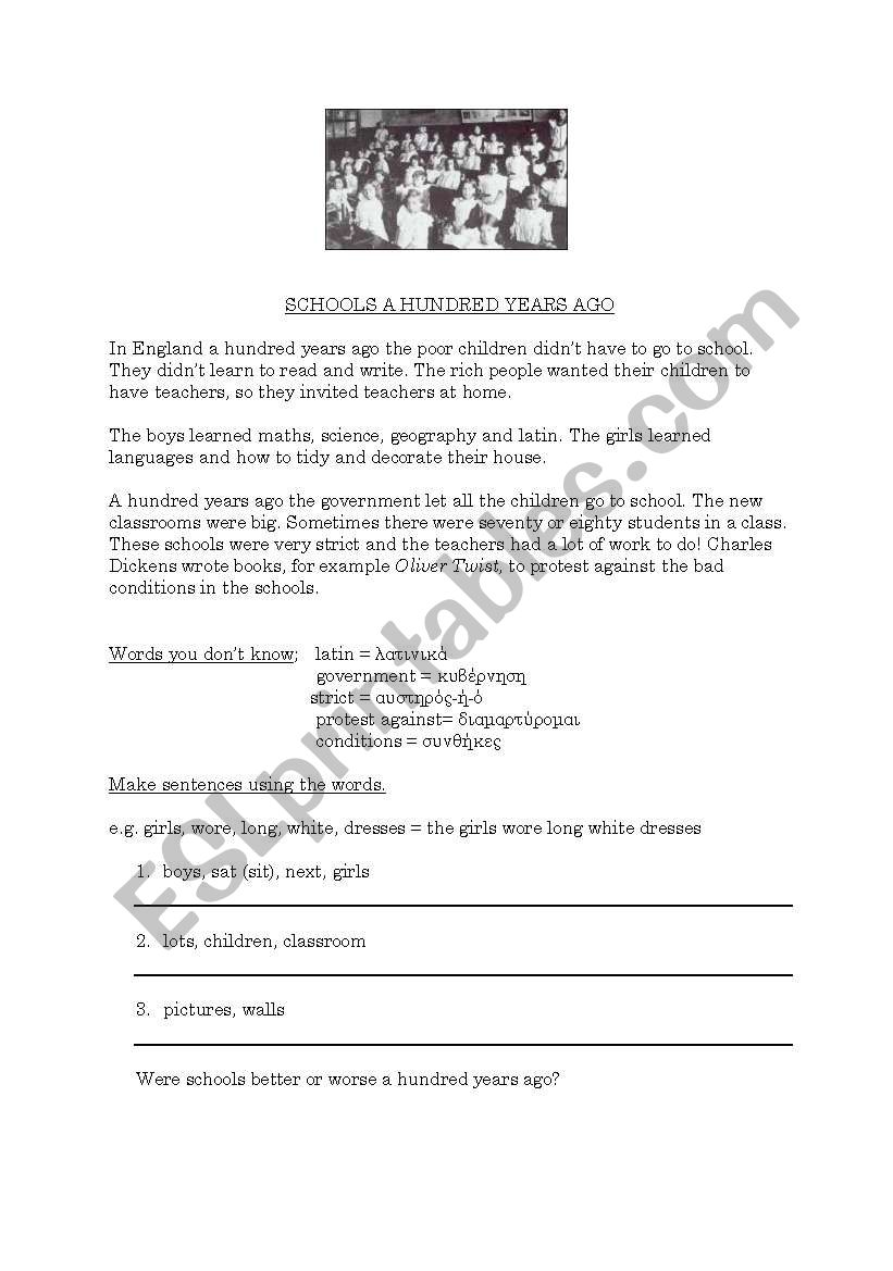 SCHOOLS A HUNDRED YEARS AGO worksheet
