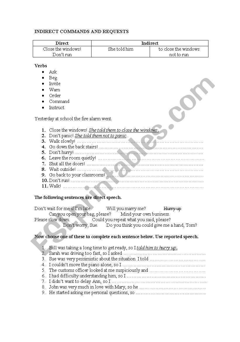 Indirect Comands and Requests worksheet