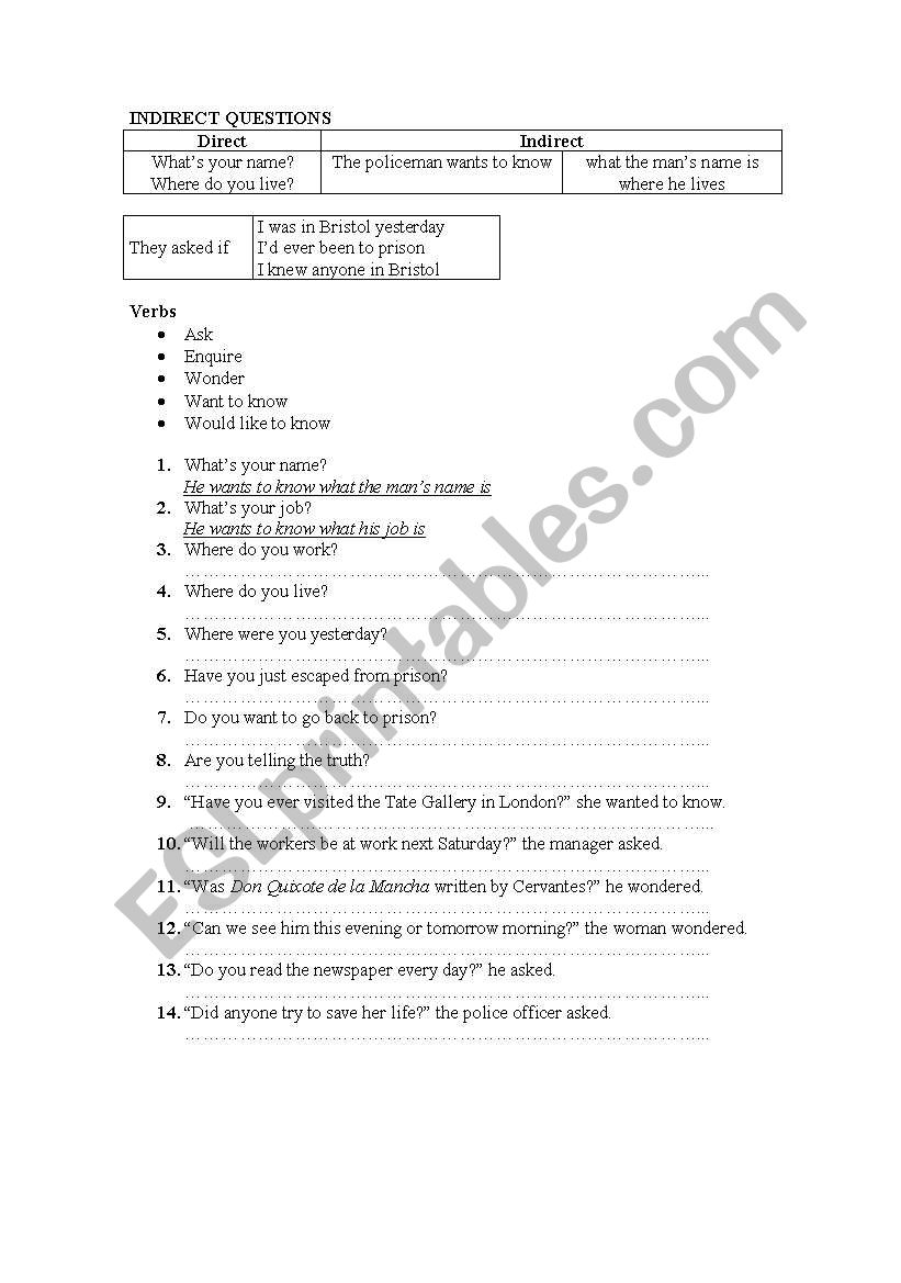 Reported Questions worksheet