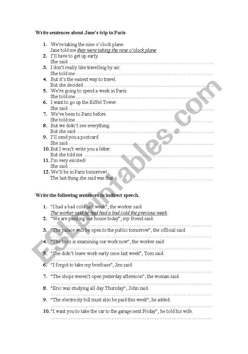 Reported Statements worksheet