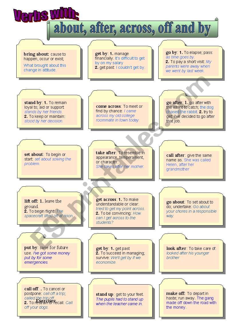 Phrasal verbs with about, after, across, off and by.