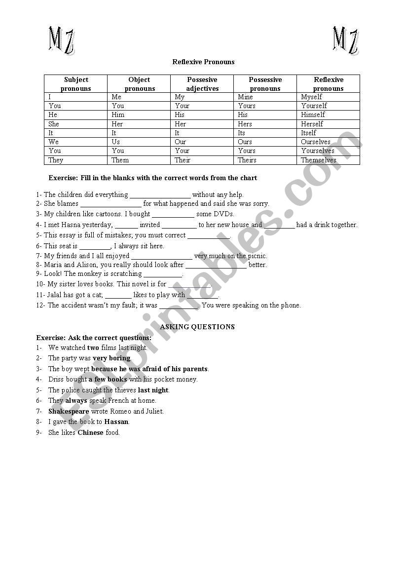 reflexive pronouns worksheet