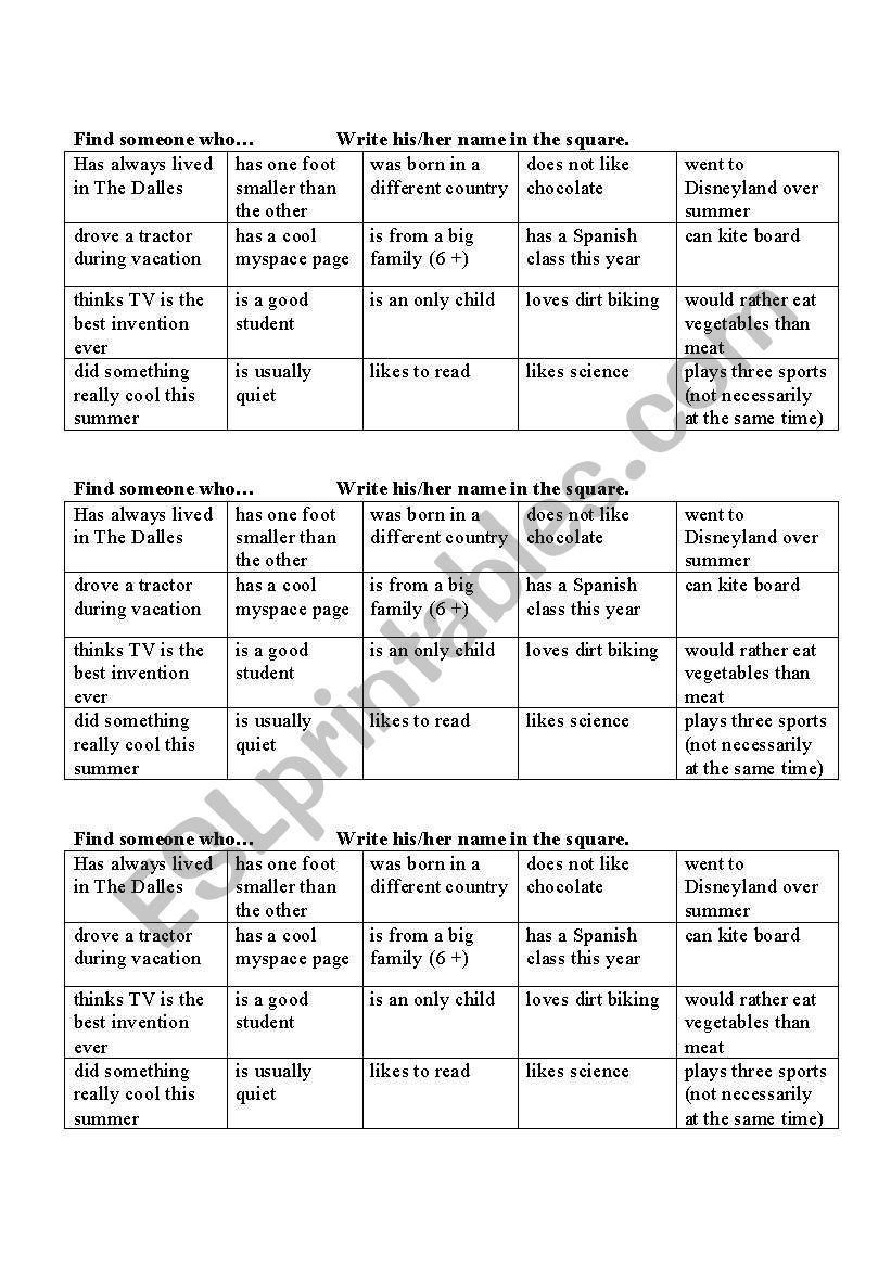 Class Search Oral Activity worksheet