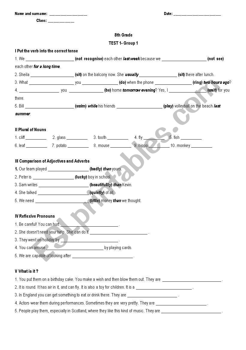 8tg grade- Test 1(Group 1) worksheet