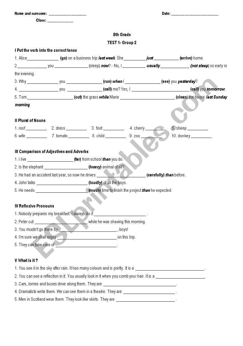 8tg grade- Test 1(Group 2) worksheet