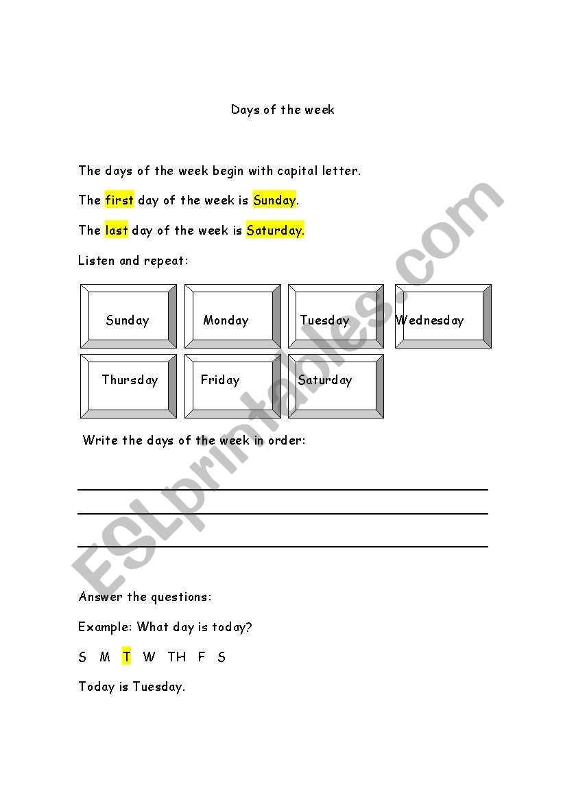 Days of the week worksheet