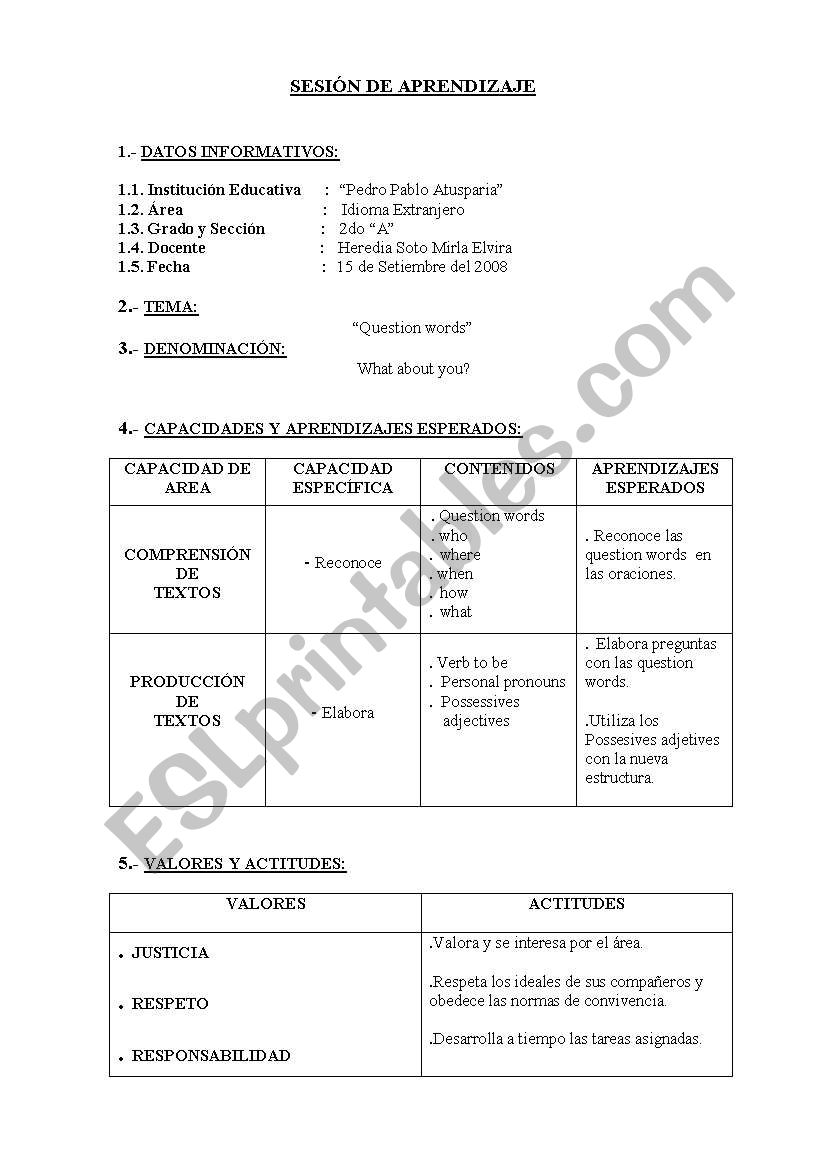 question words worksheet