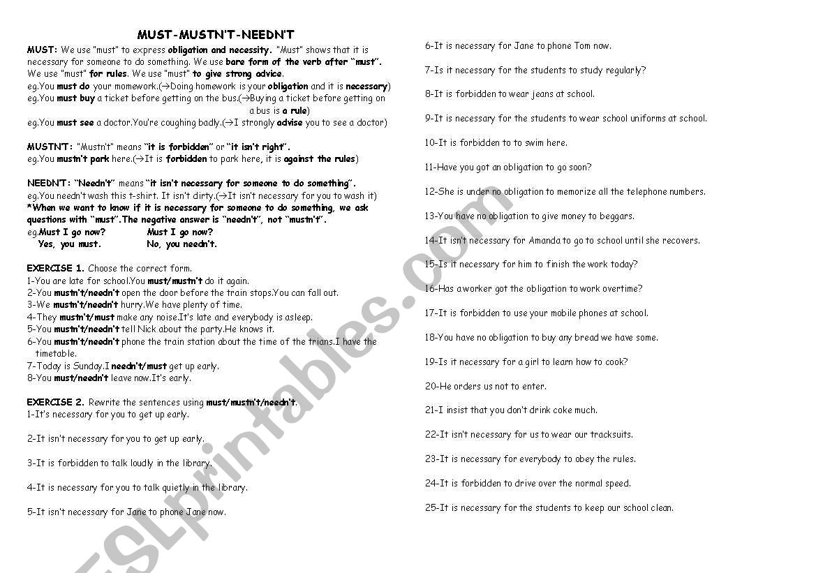 must-mustnÂ´t-neednÂ´t worksheet